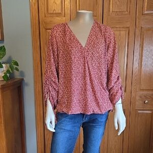 West Kei Rose-Pink Botanical V-Neck Blouse with Tie Sleeves